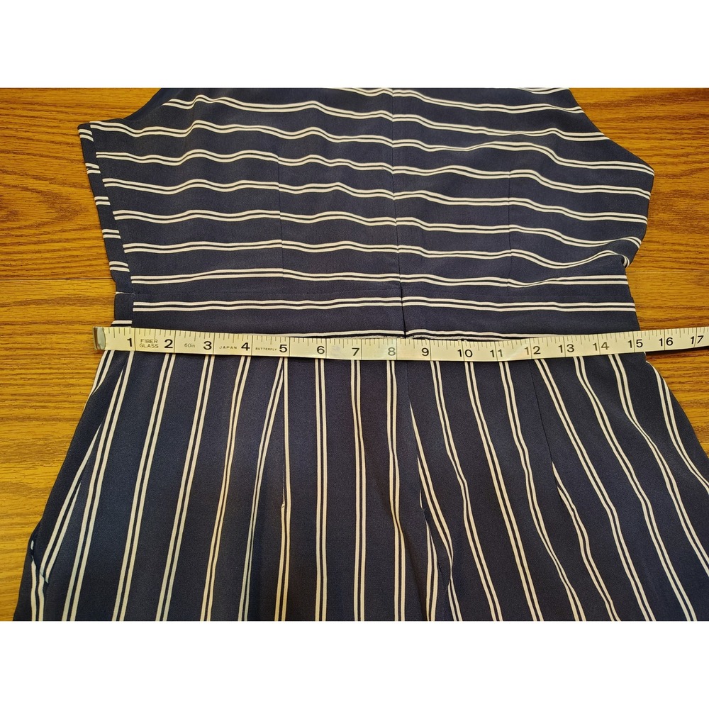 Tahari Navy Blue White Striped Wide Leg Sleeveless Jumpsuit with Pockets - Picture 9 of 16